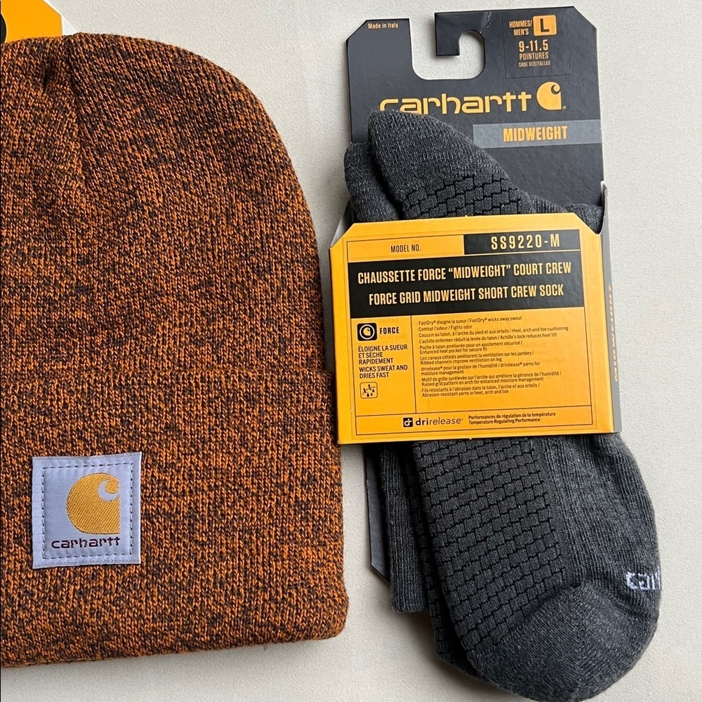 Carhartt Brown Knit Cuffed Beanie and Gray Crew Socks Set - Picture 3 of 5